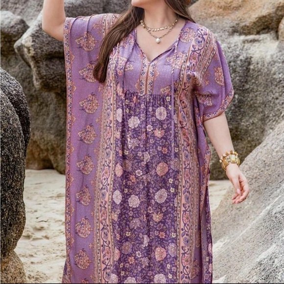 Boho Floral Print Slit Batwing Sleeve Kimono Dress - Picture 5 of 7